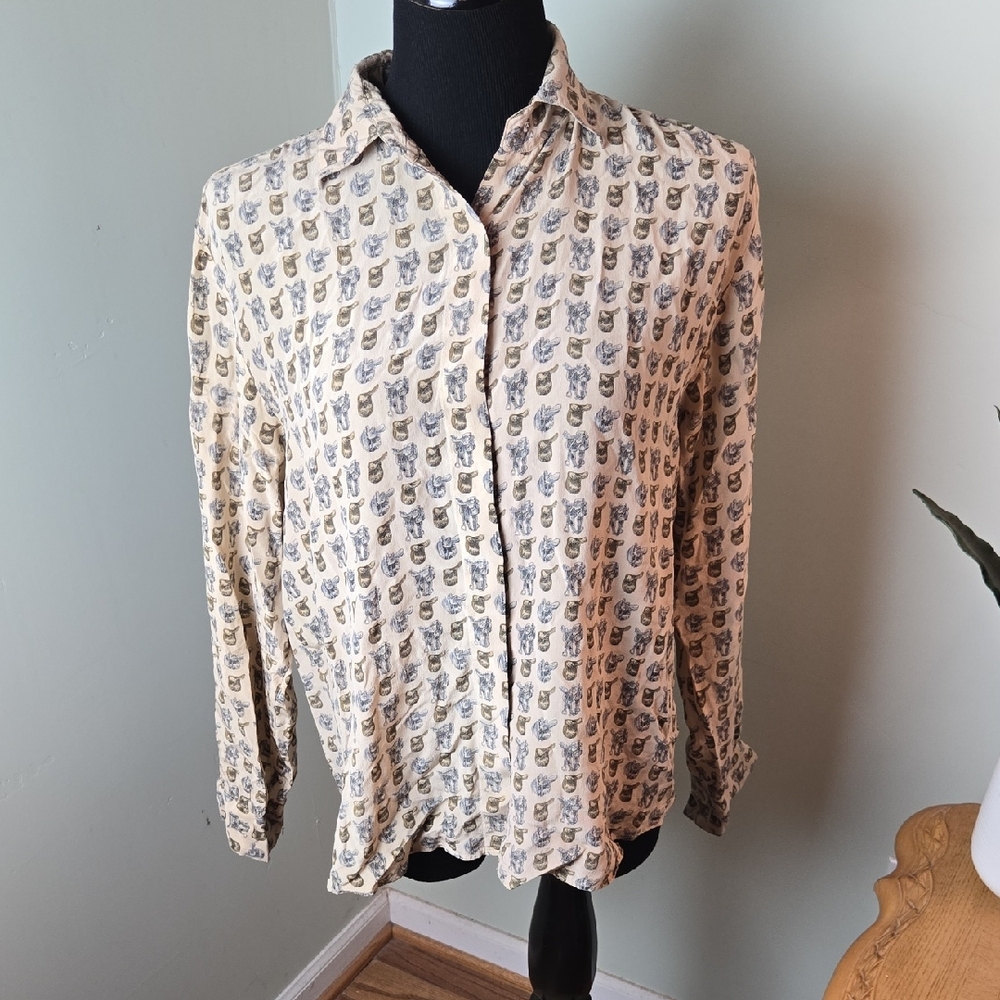 Vintage Silk Western Print Button Down Blouse